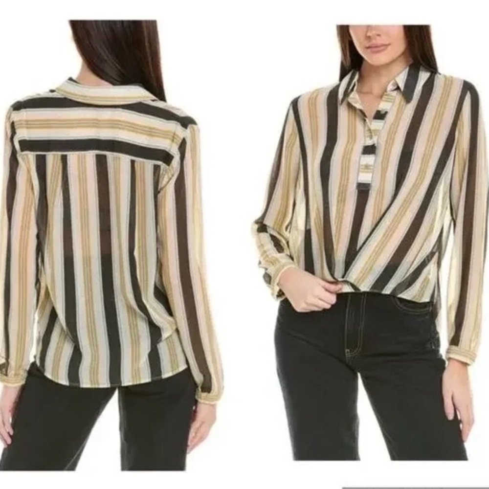 CABI CALIBER Ivory Gold +Charcoal Stripe‎ ChiffonTwisted front sheer Top #4339